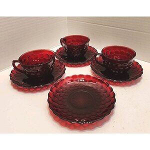 Anchor Hocking  Glass  Co. Bubble Ruby Red Cup and Saucer Set 3 Cups & 4 Saucers